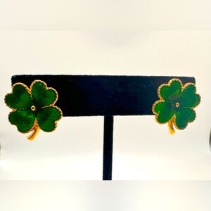 Vintage St. Patrick's Day Earrings 1990's Green & Gold Shamrock Earrings-Stamped